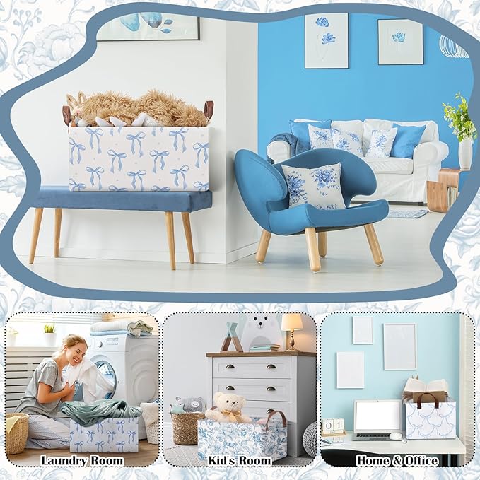 Boao 3 Pcs Blue Bow Storage Bin Collapsible Large Storage Baskets for Gifts Empty Candy Holiday Decor Canvas Laundry Basket Foldable Box with Handle for Office Home Bedroom Clothes
