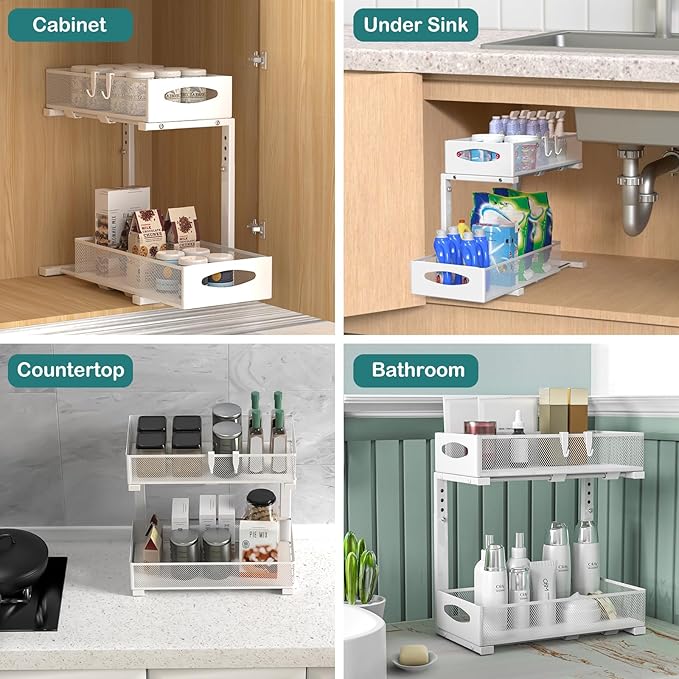 Housolution Under Sink Organizer, 2 Tier Metal Pull Out Under Sink Storage with Sliding Mesh Drawers, Height Adjustable Slide Out Under Sink Organizer for Kitchen Bathroom Cabinet, 2 Pack, White