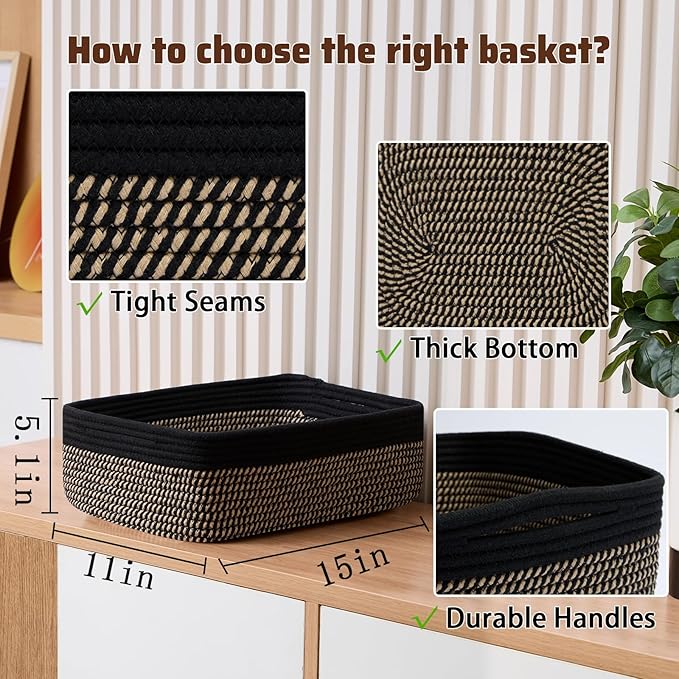 Large Shallow Organizing Baskets 15x11x5.1 Inches - Rope Woven Storage Bins for Bathroom, Shelves, Cube Closet, Black Woven Brown 3 Packs