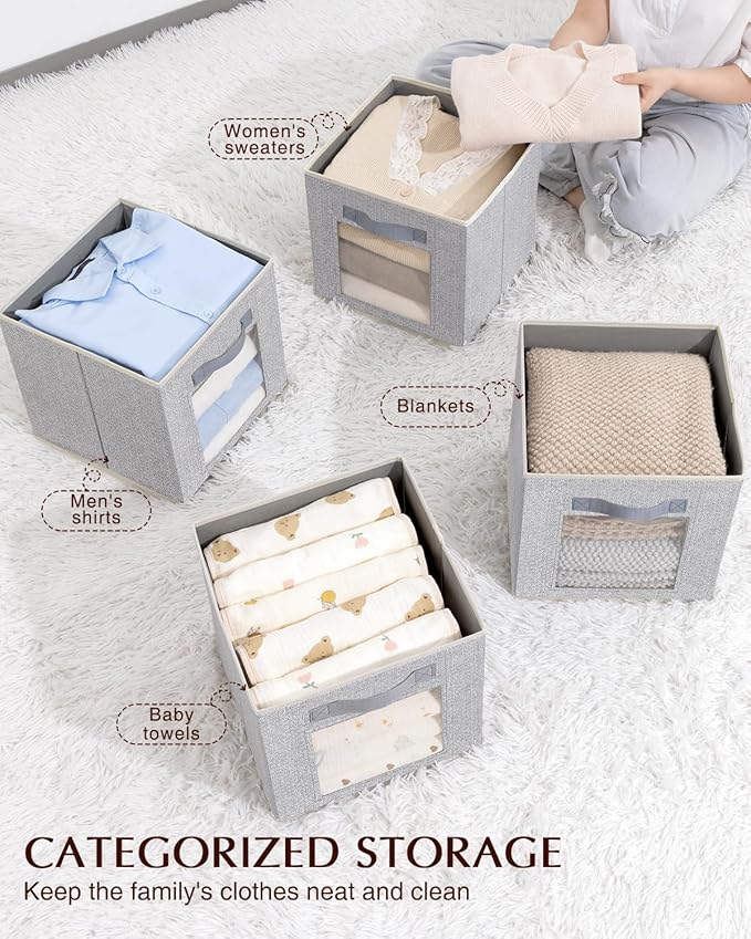 Foldable Storage Cubes - Cubby Storage Organizer with Window, Decorative Baskets for Organizing, 11 Inch Fabric Cube Shelf Bins, Set of 10, Light Gray