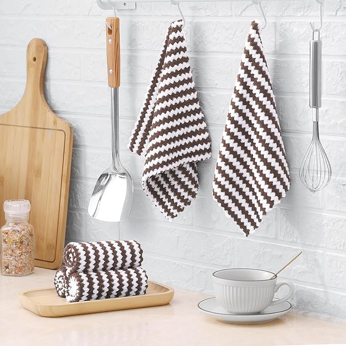 Homaxy 24 Pack Kitchen Dish Cloths, Ultra Soft and Absorbent Dish Towels, Reusable Fast Drying Microfiber Cleaning Cloth, Coral Velvet Wave Design No-lint, 10 x 10 inches, Brown