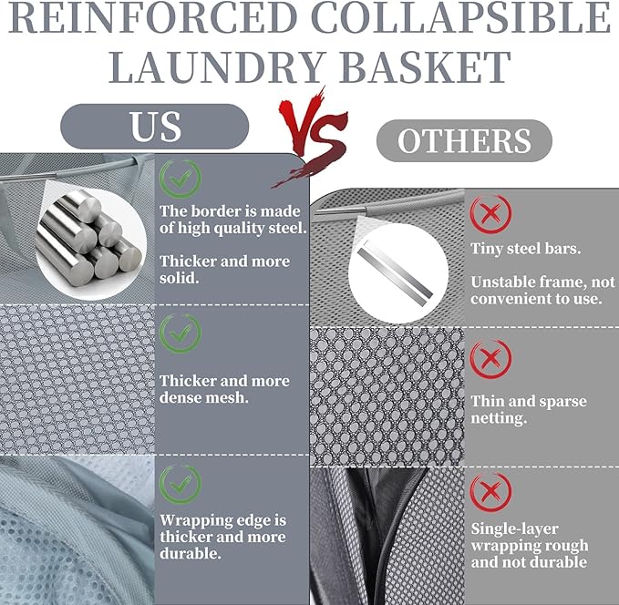 Reinforced Collapsible Laundry Baskets, 3Pcs High-Strength Mesh Pop Up Laundry Hamper, Foldable Clothes Hamper with Handles and Side Pocket for Laundry Room Dorm, Horizontal