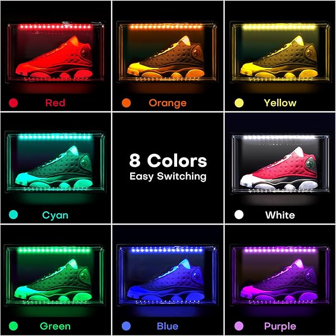 Shoe Storage Organizer for Closet, Foldable Shoe Boxes Rack 2 pack, Clear Plastic Stackable Containers Bins Holder, Magnetic Sneaker Shelf for Sneakerheads with LED Lights (Black)
