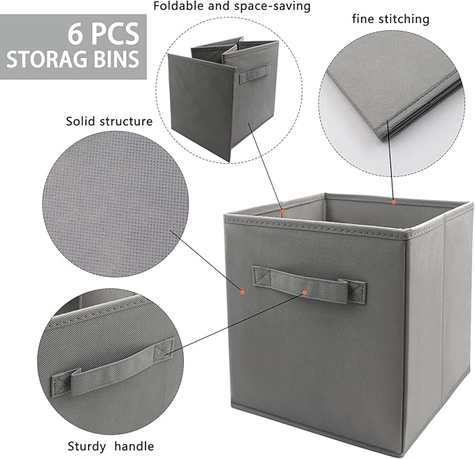 storage bins collapsible storage bins,cube storage organizer (Pack of 6) 9*7.5*7.5inch,For home and office Collapsible Closet Shelf Organizers, Drawer Organizers (Grey)