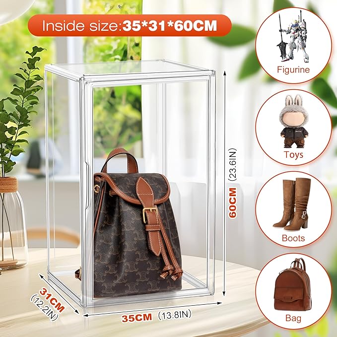 23.6'' Tall Acrylic Display Case for Collectible, XXXXX-Large Purse Handbag Organizer 13.8''x12.2''x23.6'' Clear Boot Totes Storage Box Transparent Huge Figure Collectibles Showcase with Magnetic Lid