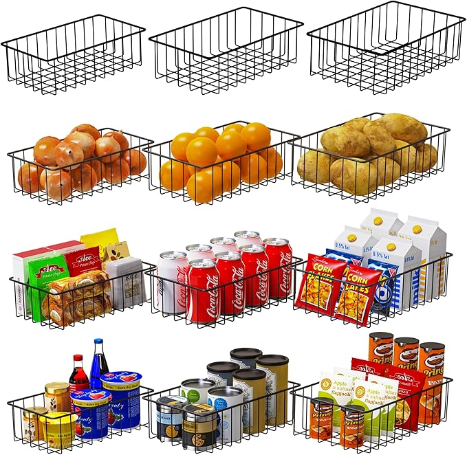 Joben Oligey 12 PACK (3 Szie) Small Wire Storage Baskets for Organizing,Pantry Organization Bins for Cabinets, Metal Basket for Kitchen, Bathroom Organizer (Black)