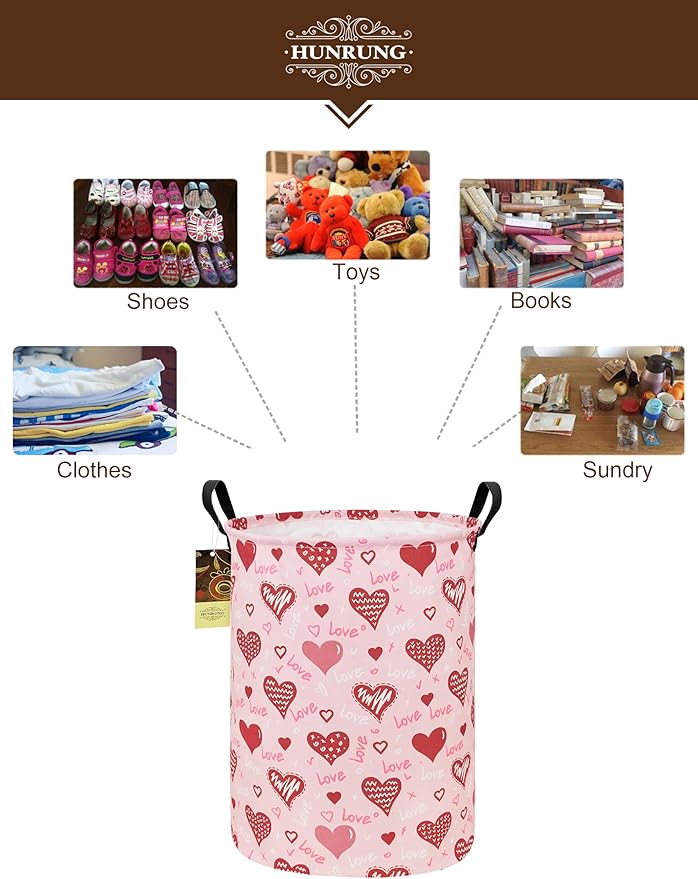 HUNRUNG Laundry Hamper,Large Canvas Fabric Lightweight Storage Basket Toy Organizer Dirty Clothes Collapsible Waterproof for College Dorms（Round-Pink Love Heart）