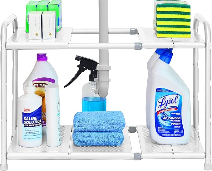 Simple Houseware Under Sink 2 Tier Expandable Heavy Duty Metal Shelf Organizer Rack, White (Expand from 15 to 25 inches)