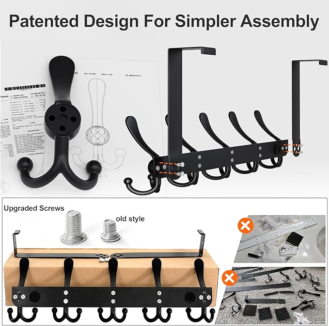 Dseap Over Door Hook 2.0 - Upgraded Version - Simple-Assembly, Strong, Heavy-Duty Stainless Steel 5-Tri-Hook Over The Door Hanger Rack, SimpleStrong Series, Grey