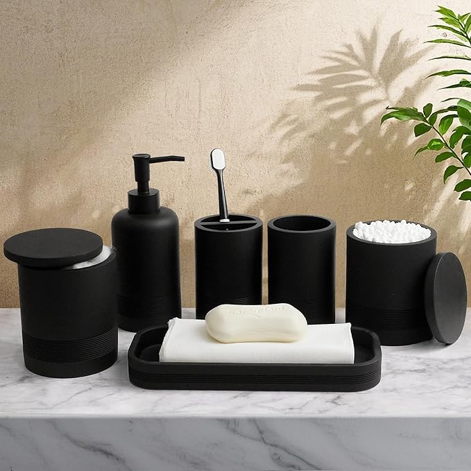 6-Piece Bathroom Accessories Set, Organizer Set with Soap Dispenser, Toothbrush Holder Set, Vanity Tray, Tumbler & 2 Cotton Swab Jars – Modern Stylish Bathroom Storage(Matte Black)