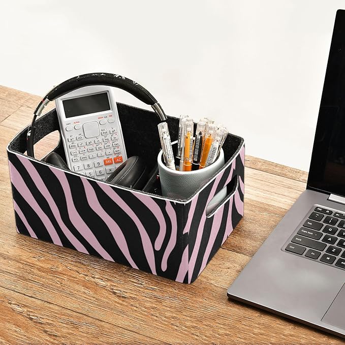 Pink Zebra Print Closet Storage Bins 2 Pcs Felt Open Home Storage Containers Organizer with Handles Collapsible Shelf Basket for Home Office Craft Room Classroom Fabric