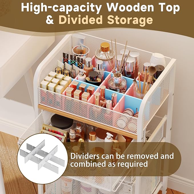 Makeup Cart Organizer with 3 Drawers,Floor Skincare Organizers with Dividers, Vanity Organizer Cosmetics Display Cases Holder for Skin Care Nail Polish Perfume Makeup brush Hair Tool,White