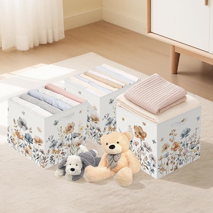 Clastyle Flowers Storage Cube Organizer Set Handle Closet Clothes Cube with Metal Frame Foldable Parents Organizer Storage Basket for Book Toy,Boho Brown,11.8x11.8x11.8 in