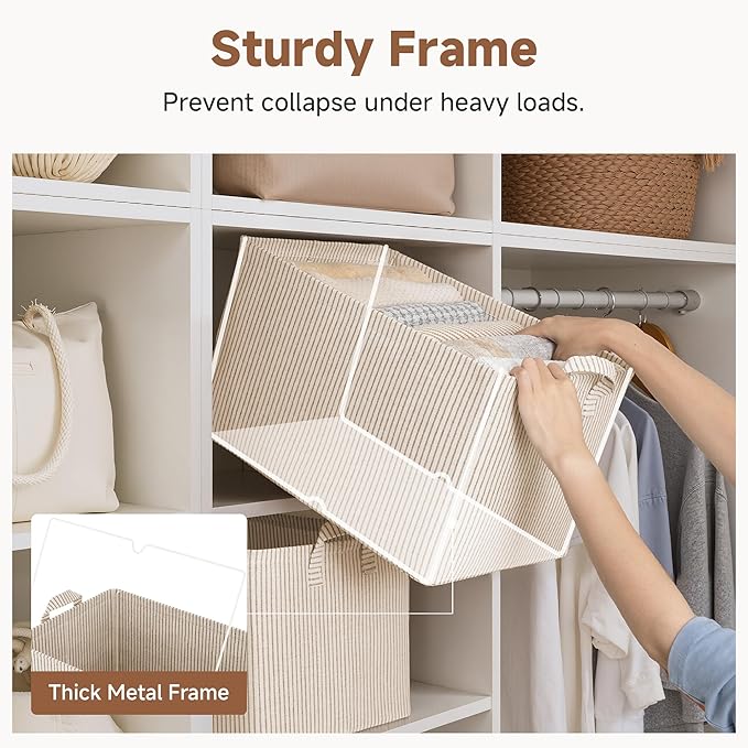 StorageWorks Storage Bins, Fabric Storage Bins for Shelves, Extra Large Storage Baskets with Metal Frame, Closet Baskets and Bins with Handles, Jumbo, Khaki and Beige Stripes, 2-Pack