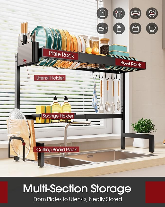 Over The Sink Dish Drying Rack, Expandable 2-Tier Stainless Steel Kitchen Storage Organization Accessories for Countertop, Rustproof & Space-Saving, 30"–34.5" L x 12" W x 25" H, Black