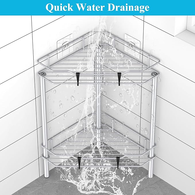 2 Tier Floor Standing Corner Shower Caddy Organizer Shelf with Hooks, Bathroom Shelves Stand Rack, Silver