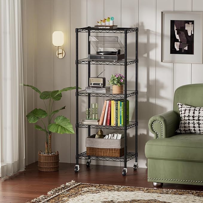 SINGAYE 5 Small Shelf Storage Wire Shelves Closet Bathroom Organizers Metal Pantry Kitchen Garage Shelving Unit Laundry Room Organization Home Narrow Rack Net Basket with Wheels Black
