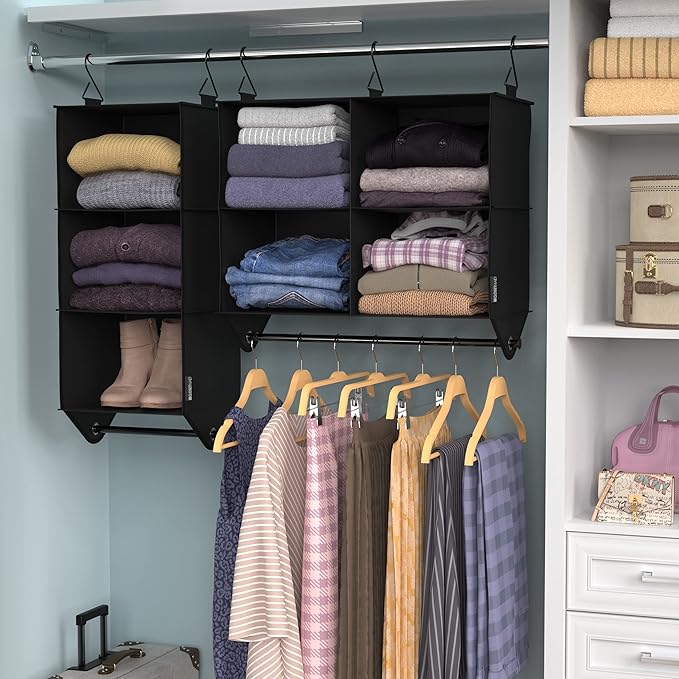 ClosetMaid 4-Shelf Fabric Hanging Closet Organizer with Garment Rod for Shirts, Sweaters, Pants, Hats, Shoes, Purses with Charcoal Black Finish
