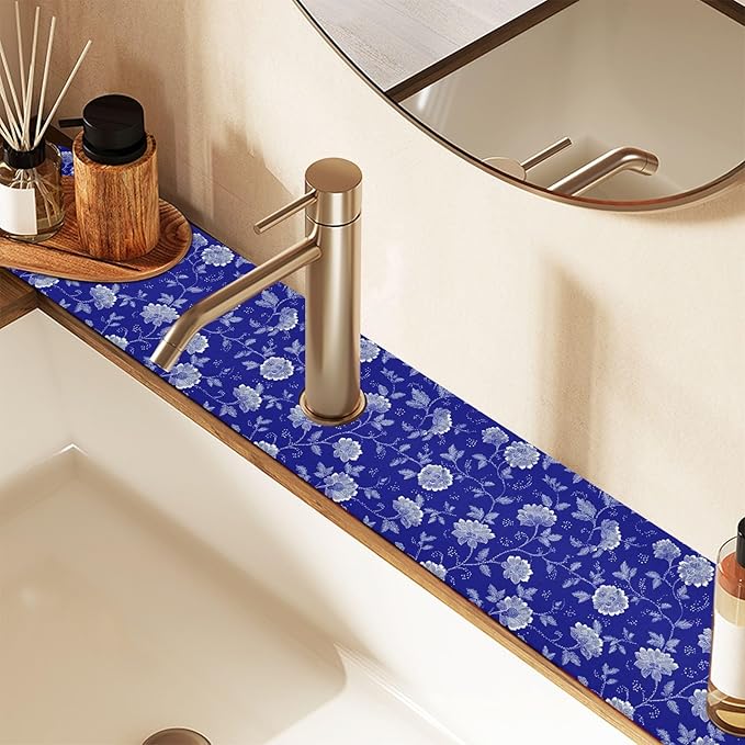 Blue and White Leaf Flower with Borders Kitchen Sink Splash Guard Sink Faucet Mat Faucet Handle Drip Catcher Drain Mats for Kitchen Bathroom Countertop Absorbent