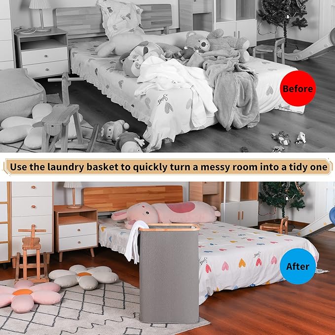 65L Slim Laundry Hamper, Narrow Laundry Basket with Lid,Foldable Clothes Hamper with Bamboo Handles,Hamper Basket with Removable Inner Bag for Laundry Room Bedroom College Dorm,17.17 Gals Grey