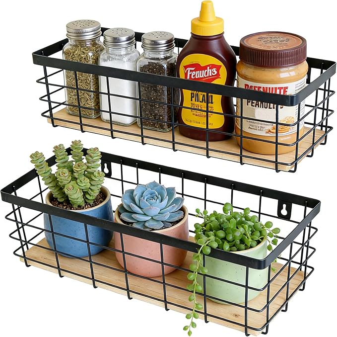 Metal Wire Basket Detachable Wood Base Storage Organizer Farmhouse Hanging Basket for Kitchen Cabinets, Bathroom, Pantry, Laundry Room Set of 2,Black Color
