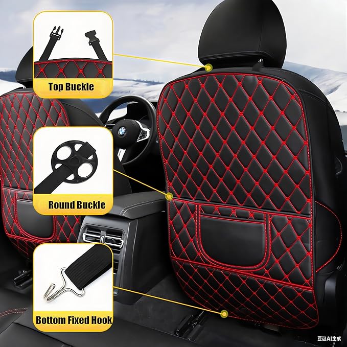 Leatherette Car Seat Protector - 2 Pack Large Car Kick Mats with Storage Pockets Organizer Seat Back Cover Against Dirty Shoes & Scratches, Universal Fit for Most Vehicles, Black with Red Line
