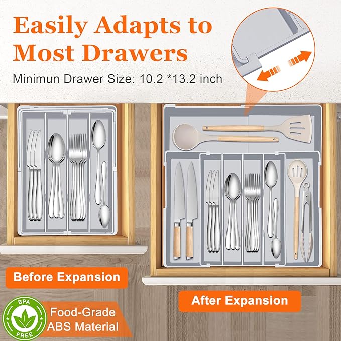 Large Kitchen Silverware Organizer - Expandable 17.2" x 17.9" Adjustable Drawer Tray, 4-7 Compartments for Maximum Storage, BPA-Free, Grey