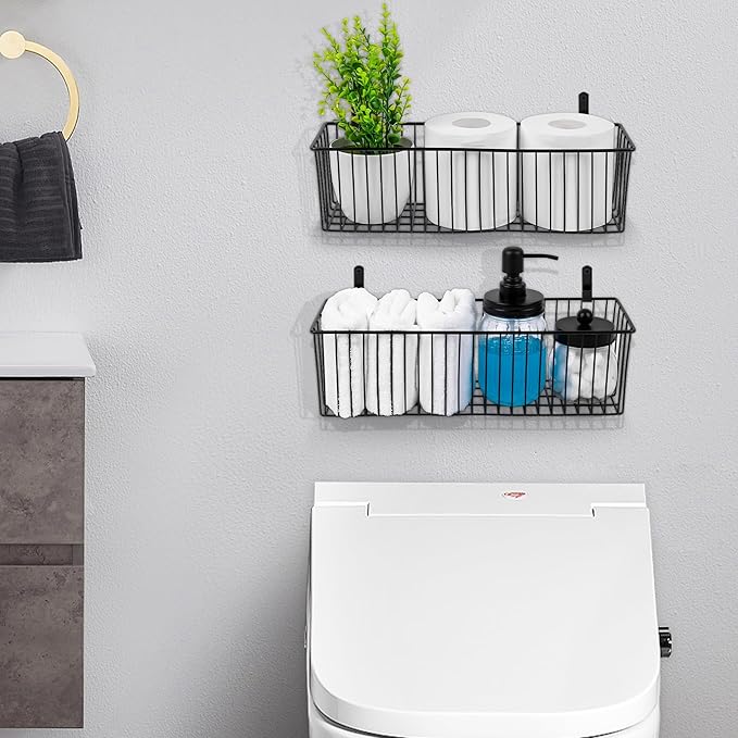 Wetheny Black Wire Hanging Storage Basket (6 Pack- Metal Toilet Paper Storage Basket - Wire Baskets for Organizing Garage,Kitchen,Bathroom,Drawer