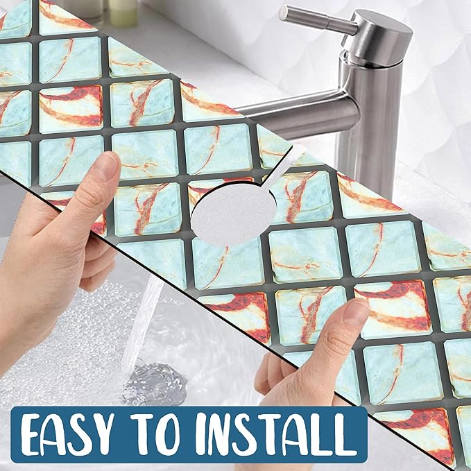 Rendering Marble Kitchen Sink Splash Guard Faucet Mat Blue Wall Tiles Super Absorbent Fast Drying Mat Sink Splash Guard Behind Faucet for Kitchen Bathroom, 23.5"x5.5"