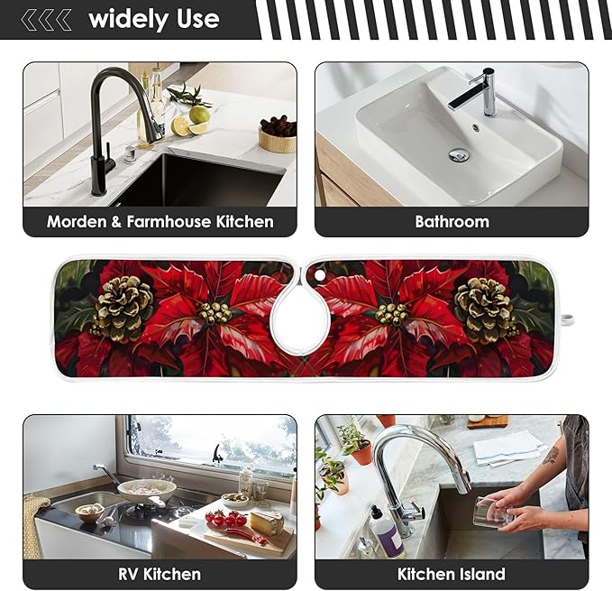 2 Pack Faucet Splash Catcher Poinsettia Golden Bells Sink Mat for Faucet Absorbent Kitchen Splash Guard Drip Catcher for Farmhouse Barthroom Bar, L