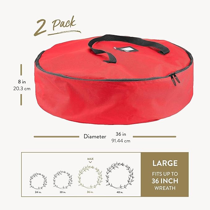 ZOBER 2 Pack Oxford Christmas Wreath Storage Container 36 Inch - Wreath Bag for Artificial Wreaths Box - Waterproof Fabric, Dual Zippered Wreaths Storage Bag With Strong Durable Handles - Red