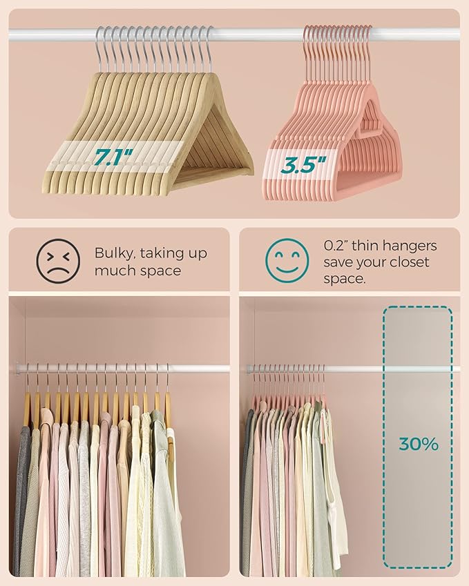 SONGMICS Velvet Hangers, Set of 50 Clothes Hanger with Rose Gold Swivel Hook, Non-Slip, and Space-Saving, 0.2-Inch Thick, 17.1-Inch Long for Coat, Shirt, Dress, Pants, Tie, Coral Pink UCRF21PK50