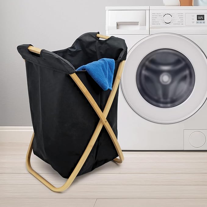 QUALIAZERO 72L Bamboo X-Frame Laundry Hamper – Foldable Single Section Clothes Basket with Removable Bag & Bottom Handle, Ideal for Bathroom, Bedroom, or Dorm (ONYX BLACK, X-FRAME)