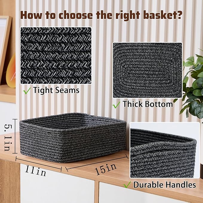 Large Shallow Organizing Baskets 15x11x5.1 Inches - Rope Woven Storage Bins for Bathroom, Shelves, Cube Closet, Mixed Black 4 Packs