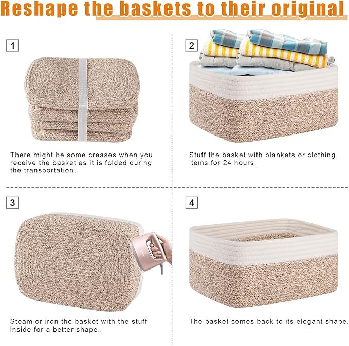 OIAHOMY 4 Pack Storage Baskets for Organizing, Small Bins for Shelves, Cute Decorative Storage Bins, Organizer Baskets for Gifts Empty, 14.2''Lx11''Wx6.3''H, Brown/White
