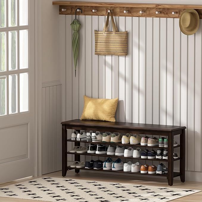 Taitiy Shoe Rack Bench with Rubberwood Flat Top and 3 Adjustable Shelves – Wooden Shoe Rack for Entryway, Hallway, Mudroom, Front Door, or Small Spaces