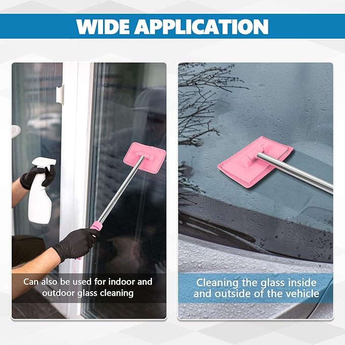 Car Windshield Cleaning Tool, Car Windshield Window Cleaner, Auto Glass Wiper Tool with Extendable Handle & Reusable Microfiber Pad, Universal Vehicle Cleaning Car Accessories (Pink)