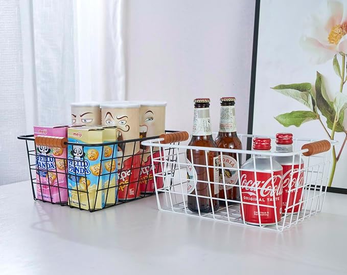Wire Kitchen Storage Basket 2 Packs,Perfect Pantry Organization Accessories Baskets,Laundry Basket,With a Wooden Handle,Suitable for Kitchen,Bathroom,Bedroom,Tabletop,Stackable,White