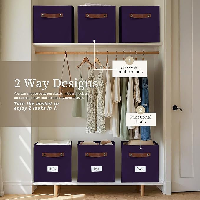DECOMOMO Storage Bins, Cube Storage Bin with Labels, Fabric Storage Cubes for Shelves (10.5" x 11" / 6pcs, Deep Violet)