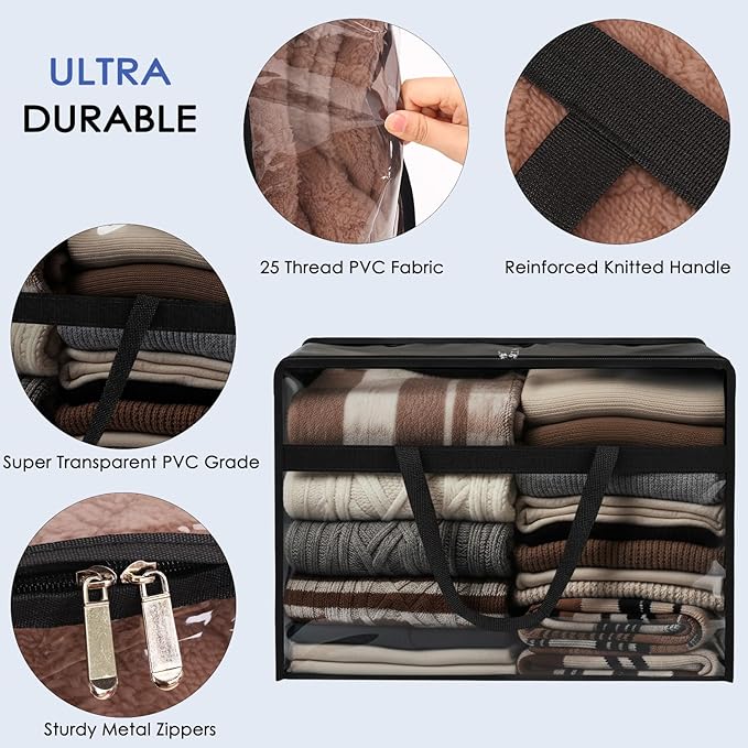 SGHUO Clothes Storage Bags 60L Extra Large Plastic Moving Bag for Comforter, Bedding, Blanket Storage Bags with Zipper and Reinforced Handle (4pcs, Black)
