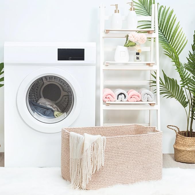 MINTWOOD Design 22in Extra Large Blanket Basket Holder Living Room, Rectangle Rope Woven Storage Basket with Handles for Laundry, Pool Towels, and Shoes, Dog Toy Organizer Bin Box, Oatmeal Brown