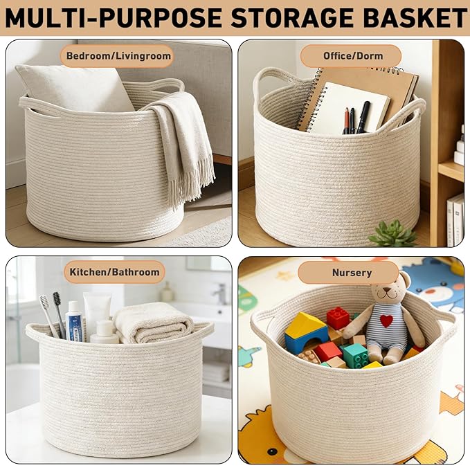 115L Large Blanket Basket,23.6" L x 23.6" W x 15.7" H Rope Woven Baskets with Handles, Toys Storage Bins,Laundry Basket Perfect for Living Room, Nursery,Bedroom,Home Organization,White