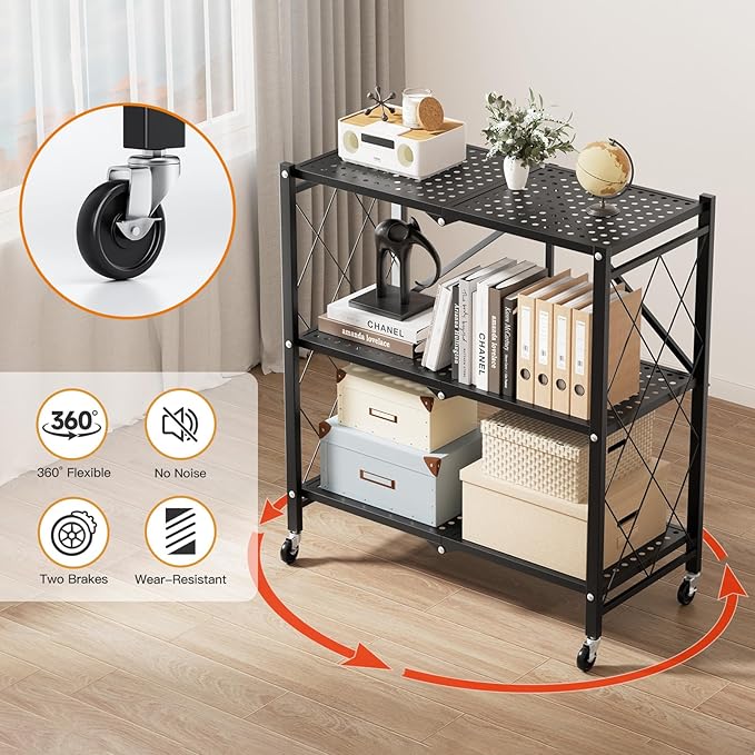 HealSmart 3-Tier Foldable Metal Heavy Duty Storage Shelving Unit with Wheels, Organizer Shelves for Garage Kitchen Holds up to 750 lbs Capacity, Black