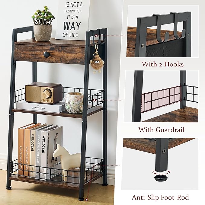 3-Tier Ladder Shelf with Drawer, Bathroom Table Stand for Small Space, Bathroom Standing Shelves with Storage for Living Room Bedroom Kitchen, Organizer Shelf, Rustic Brown