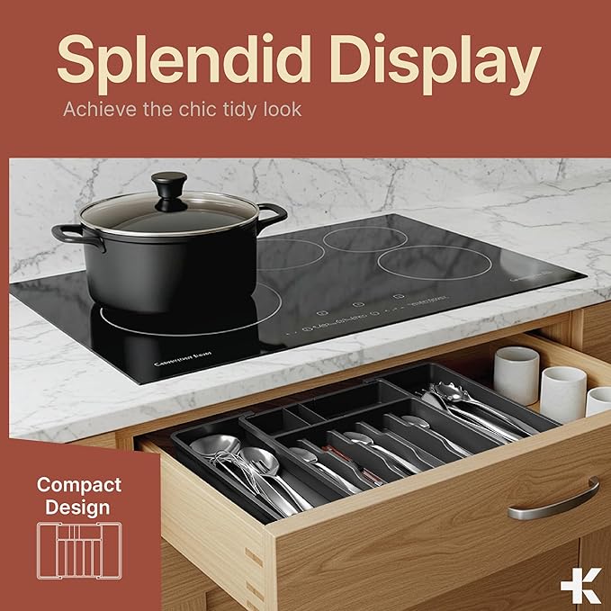 Gray Expandable Utensil Drawer Organizer 2 Pack, Adjustable 13” to 22.4”, 8 Compartment Silverware Organizer for Kitchen Utensils, Spatulas, Cutlery, and Tools, Easy to Clean, Durable, and BPA-Free