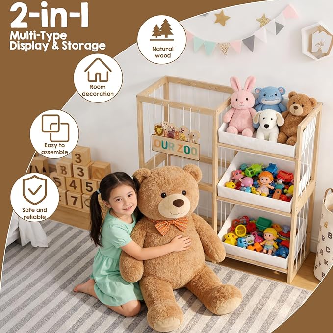 Wooden Toy Storage Organizer with Elastic Bands, Easy to Assemble and Use, Large Capacity Toy Bin Organizer for Nursery Playroom Bedroom, Adorable and Practical Design
