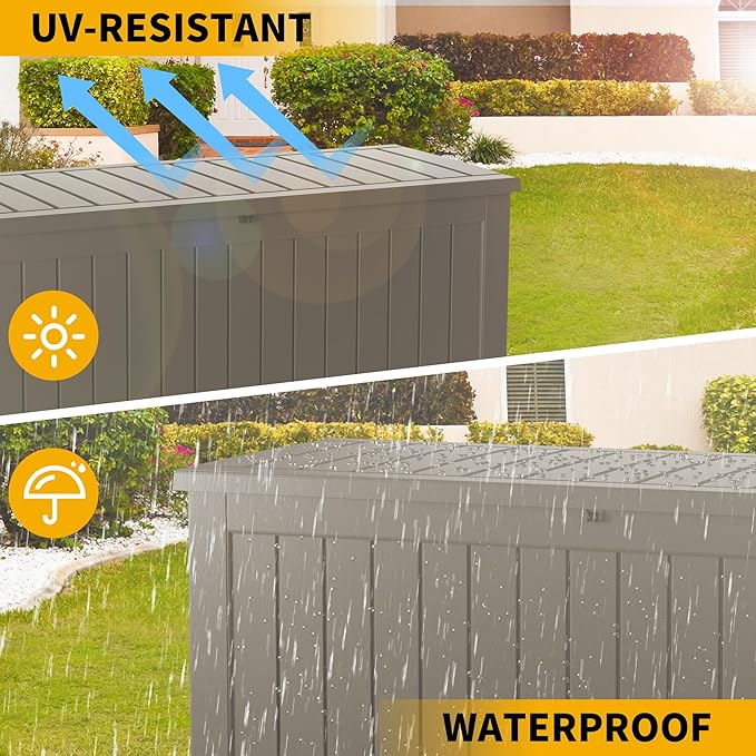 Outdoor Storage Box Waterproof, 150 Gallon Lockable Resin Deck Box Large, Patio Storage Bin for Pool Accessories Cushion Furniture, Garden Tools, UV-Resistant Outside Delivery Grey