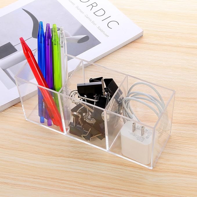 Clear Acrylic Silverware & Pen Organizer Caddy, Transparent Plastic Silverware Holder, Perfect for Office, Bedroom, and Bathroom Storage