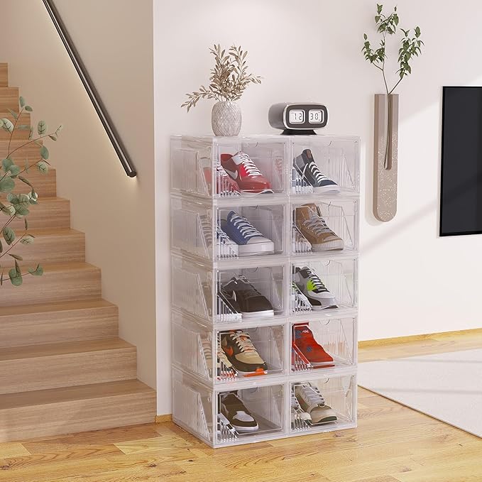 AWTATOS Shoe Boxes, 10 Pack Shoe Storage Organizers, Plastic Stackable Shoe Rack, Sneaker Containers, Toy Storage Bins for Entryway, Closet, Under Bed, Clear