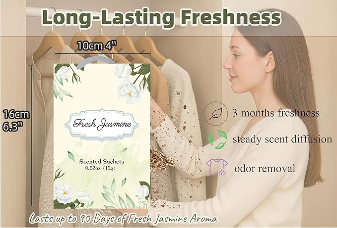 12 Packs Jasmine Hanging Scented Sachets for Drawers and Closets with Retractable Hook| Long-Lasting Closet Air Freshener & Closet Deodorizer | Closet Scent Freshener (Jasmine)